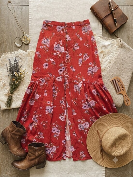 American Eagle Outfitters Dresses & Skirts - American Eagle Red Floral Button Front Maxi Skirt